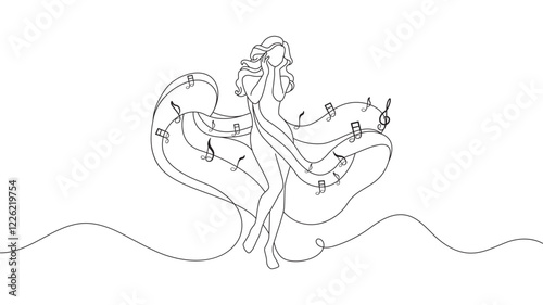 Line art illustration of a woman and musical note on transparent background eps 10