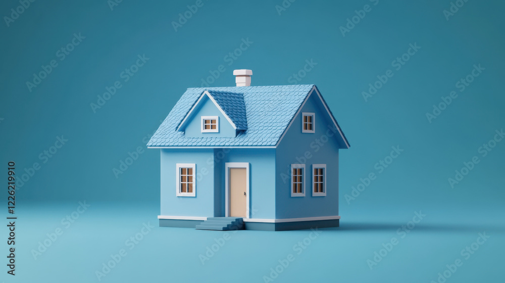 tiny blue house with chimney and steps, set against solid background, evokes sense of charm and simplicity tiny blue house with chimney and steps, set against solid background, evokes sense of charm and simplicity