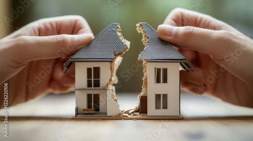 Two hands breaking miniature house in two parts, symbolizing division and conflict. detailed structure showcases realistic design, evoking emotions of separation and change