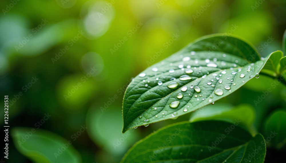 Fototapeta premium Delicate raindrops glistening on green leaf, nature's serenity
