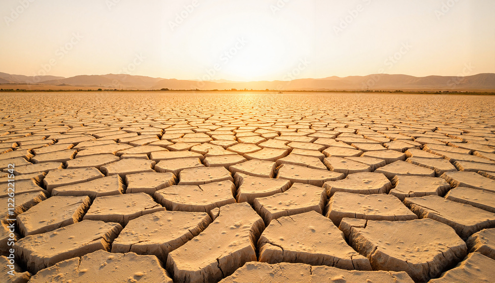 Fototapeta premium Drought cracked soil under morning light, environmental awareness