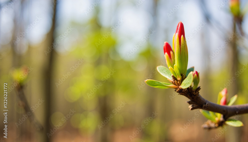 New plant buds emerging from twig in spring forest, vitality symbol New plant buds emerging from twig in spring forest, vitality symbol
