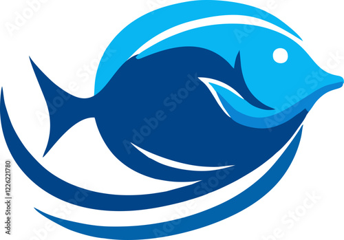 bluetang fish logo, Cartoon fish swimming in the ocean with marine life elements.