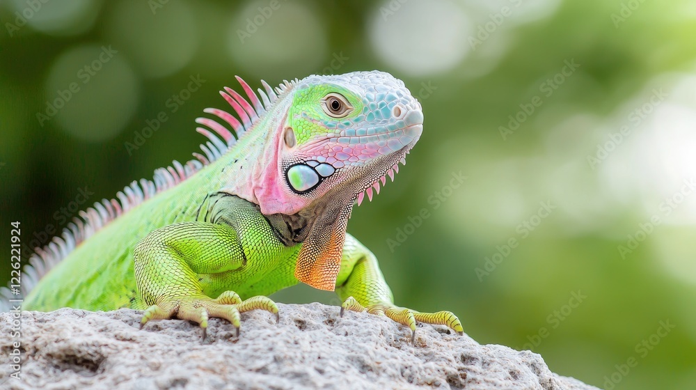 Green iguana on rock, lush background, wildlife closeup, nature photography, stock image Green iguana on rock, lush background, wildlife closeup, nature photography, stock image