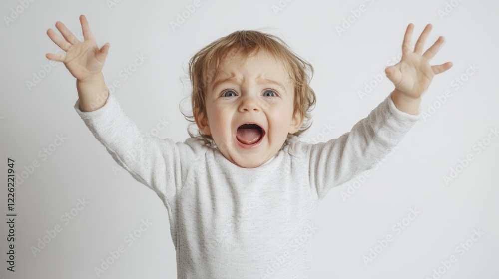 Excited toddler expressing joy with hands raised against a neutral background during a playful moment