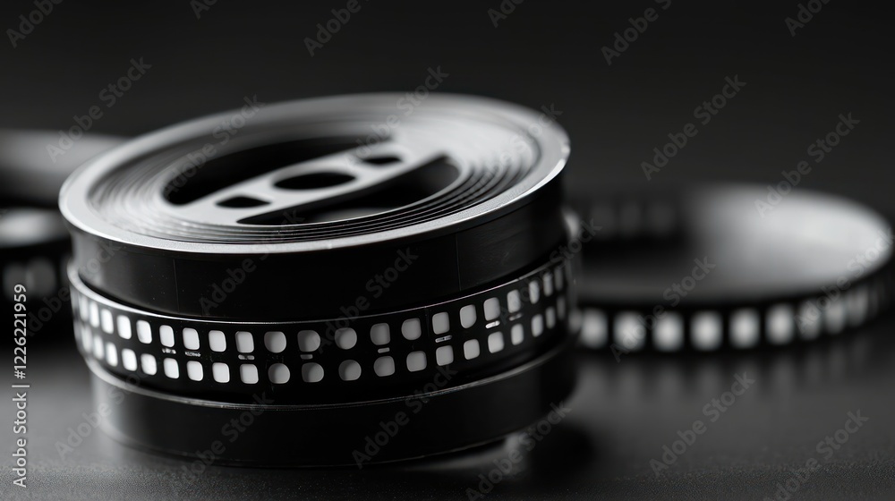 A close-up of a film reel, highlighting its design and texture in a dark setting. A close-up of a film reel, highlighting its design and texture in a dark setting.