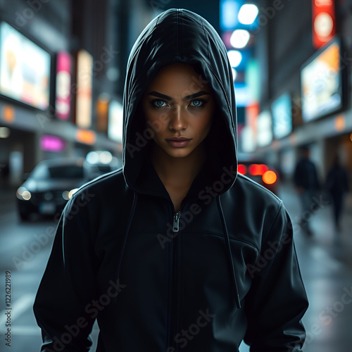 Renaissance Reboot: Hooded Jumpsuit with Silver Eyes in Advanced Urban Setting photo