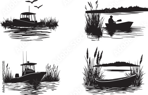 Silhouette of a boat navigating a wetland vector silhouette