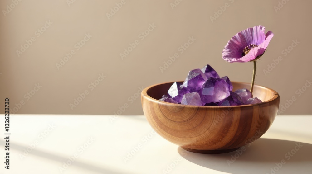 Fototapeta premium Serene Amethyst Crystals in a Wooden Bowl with a Delicate Purple Flower