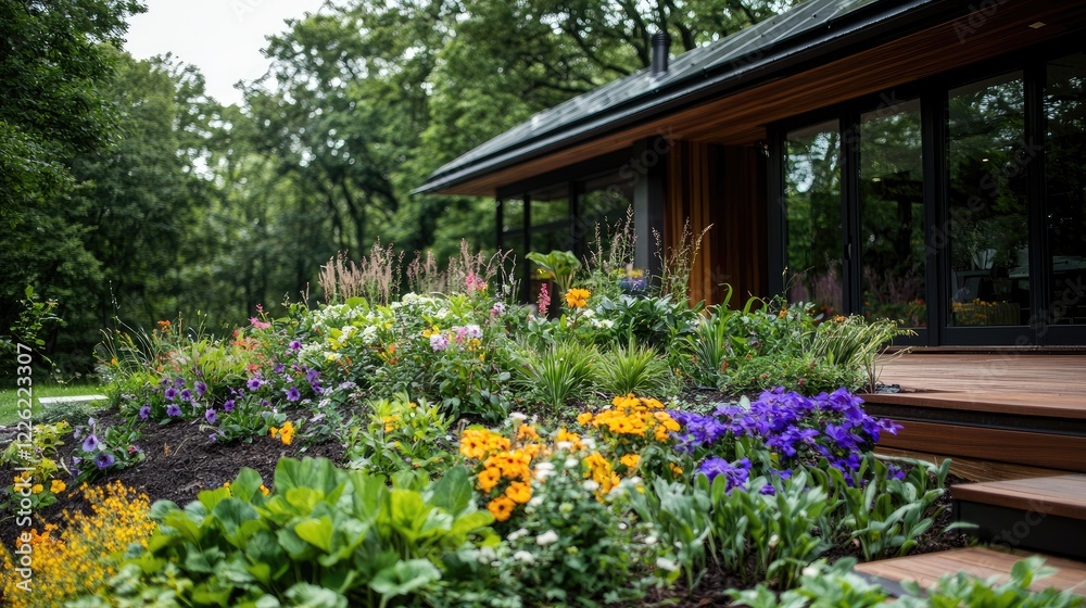 Fototapeta premium Colorful flowers bloom in modern home garden. Landscaping design