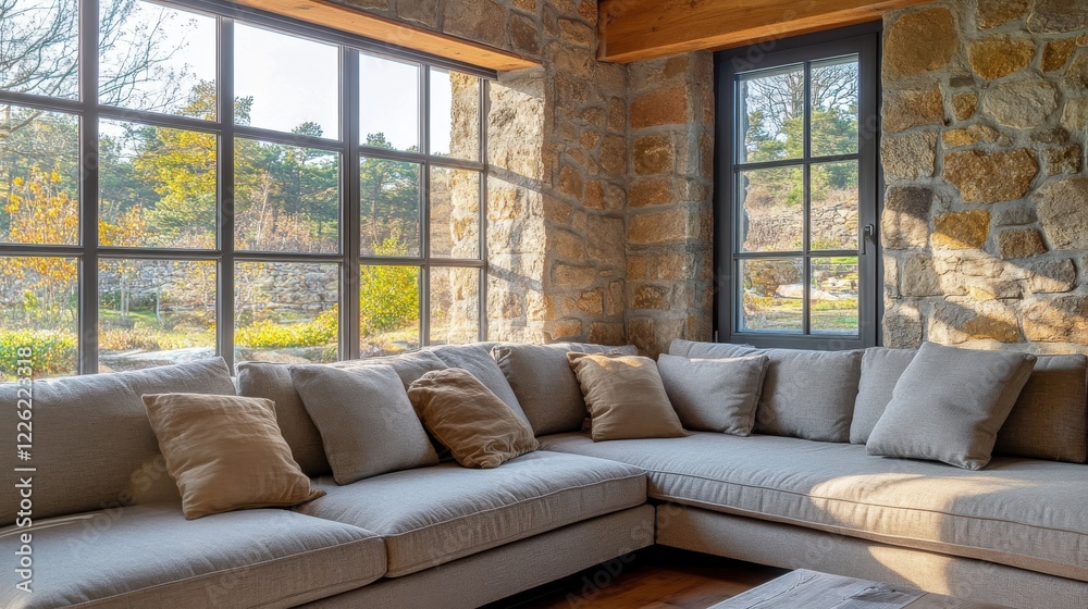 Fototapeta premium A Cozy Corner Sectional Sofa Bathed In Sunlight, Nestled In A Rustic Stone Room With Large Windows Offering Scenic Views. Perfect For Relaxing And Enjoying The Peaceful Atmosphere.