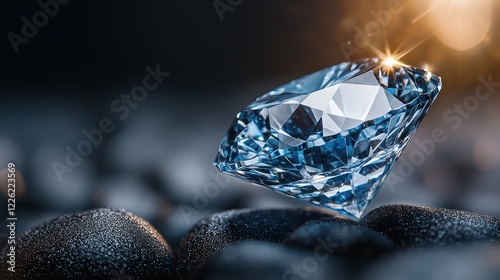 A close-up of a sparkling blue diamond resting on smooth pebbles.