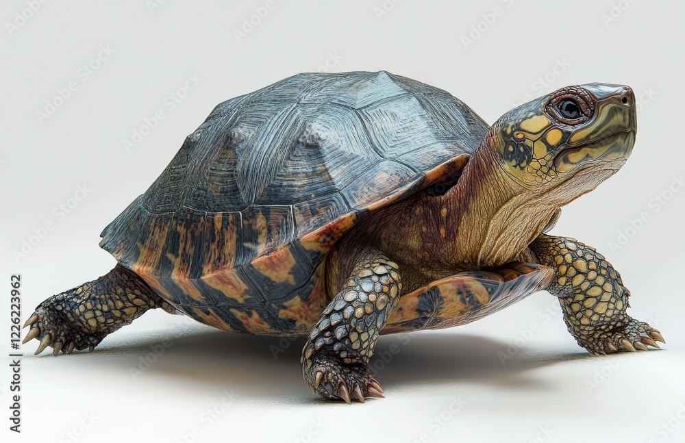 Obraz premium Realistic close-up of a colorful turtle with intricate shell patterns, showcasing natural beauty and texture against a neutral background