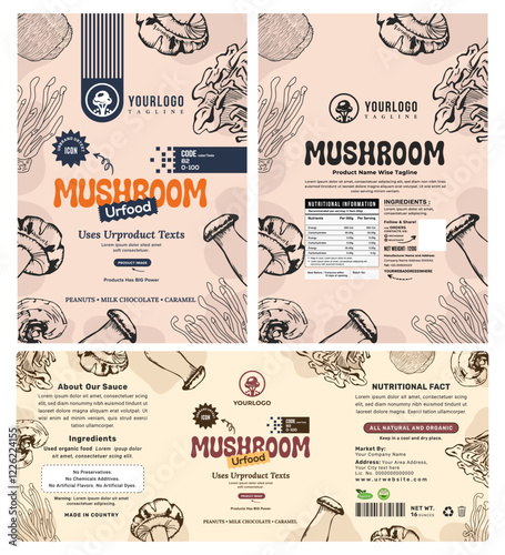 Mushroom product packaging with retro botanical designs and hand-drawn herbal food labels, as well as an editable organic label template.