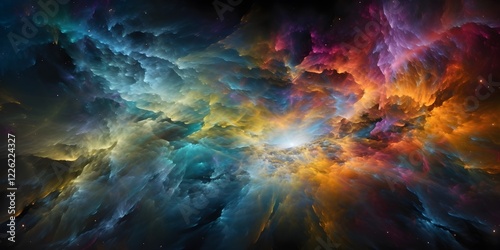 Abstract image of a colorful nebula, resembling cosmic clouds and gases.