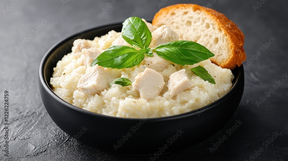 A bowl of creamy chicken and rice garnished with fresh basil and accompanied by bread. A bowl of creamy chicken and rice garnished with fresh basil and accompanied by bread.