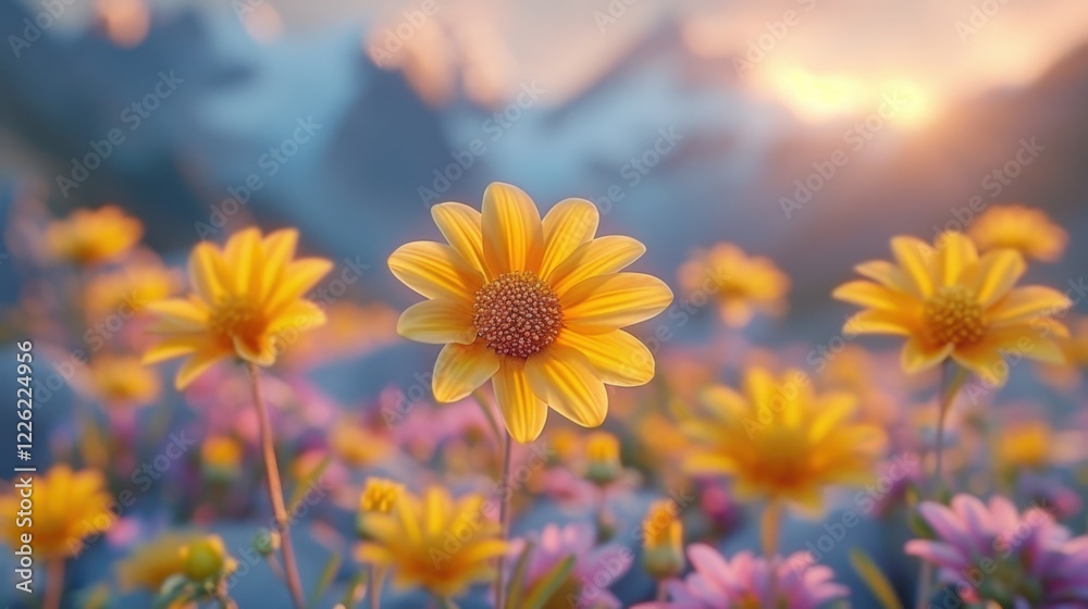 Fototapeta premium Yellow flowers in a field with mountains in the background