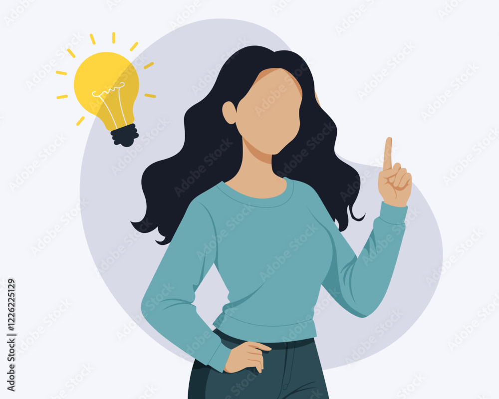 Young woman with light bulb that symbolize ideas. Decision making and choosing ideas. Young woman with light bulb that symbolize ideas. Decision making and choosing ideas.