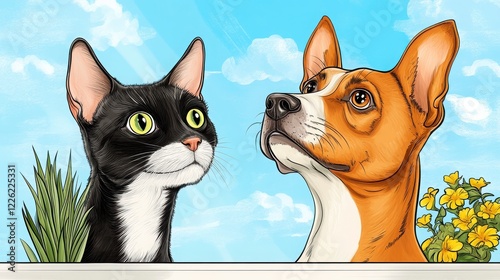 Portrait of Cat and Dog Looking Curiously from Window with Flowers