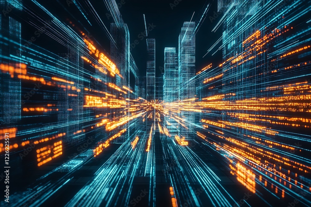 Fototapeta premium Futuristic Digital Cityscape with Glowing Lines and Dynamic Light Effects : Generative AI