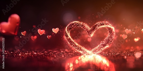 a glowing red heart with smaller hearts floating around it, set against a dark, sparkly background. It evokes feelings of love and romance.