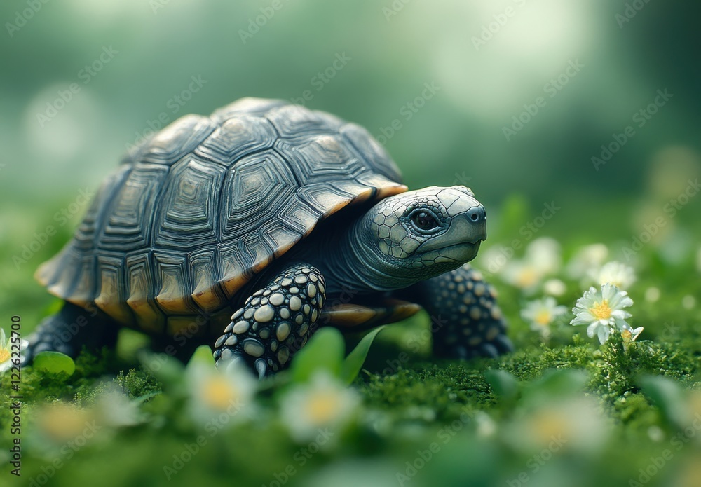 Realistic turtle on a soft mossy landscape surrounded by delicate white flowers in a serene natural environment with gentle focus and calming atmosphere Realistic turtle on a soft mossy landscape surrounded by delicate white flowers in a serene natural environment with gentle focus and calming atmosphere