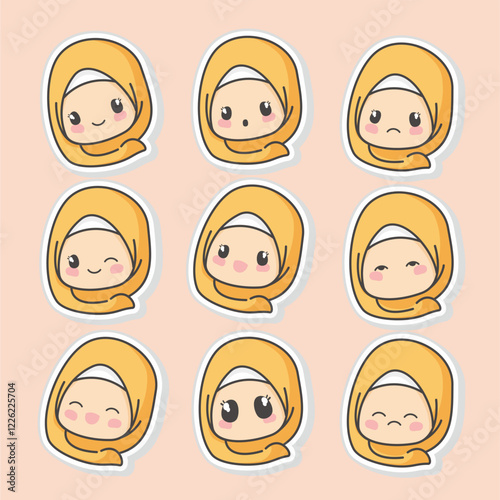 Sticker pack of Cute cartoon Moslem girl wearing Soft Orange hijab with nine expresion