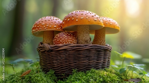 Forest Mushrooms Basket Sunlight Moss photo