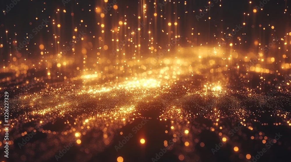 Obraz premium Golden particles falling on dark background.