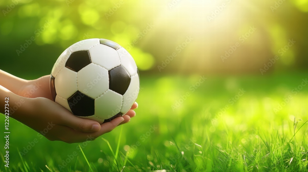 Naklejka premium Hands Holding Soccer Ball on Green Grass with Natural Sunlight