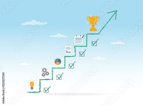 Achievement with mapped process, mission accomplished, ladder of ideas, time, graph, process, target, ladder with icons	

