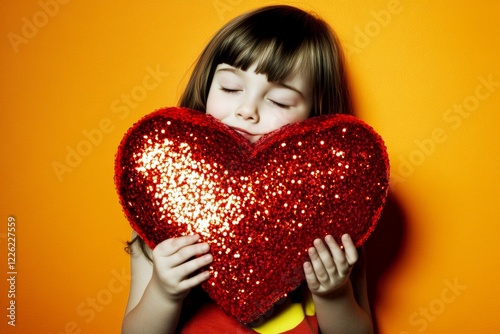 Sign of love. Commercial promotion idea. Ð¡hildren valentine's day greeting card: child girl with happy face holds red heart in hands. Child-friendly valentine's visuals. Valentine's day poster. photo