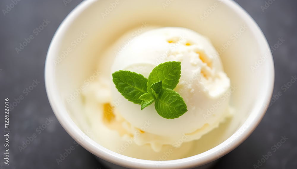 A single scoop of vanilla ice cream in a white ceramic bowl, garnished with a mint leaf A single scoop of vanilla ice cream in a white ceramic bowl, garnished with a mint leaf