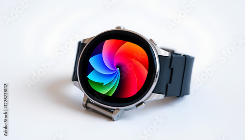 A modern smartwatch with a vibrant screen display, elegantly illuminated, placed against a white background