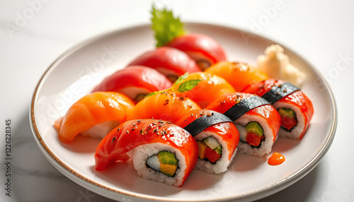 A gourmet plate of sushi with vibrant colors, artistically arranged, under soft lighting on a white background photo