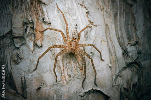 The Jungle Huntsman Spider or Heteropoda jugulans is a large, hairy, brown spider that is common in Brisbane, Queensland. photo