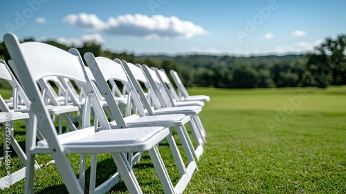 A row of white folding chairs set on a grassy field under a clear blue sky.