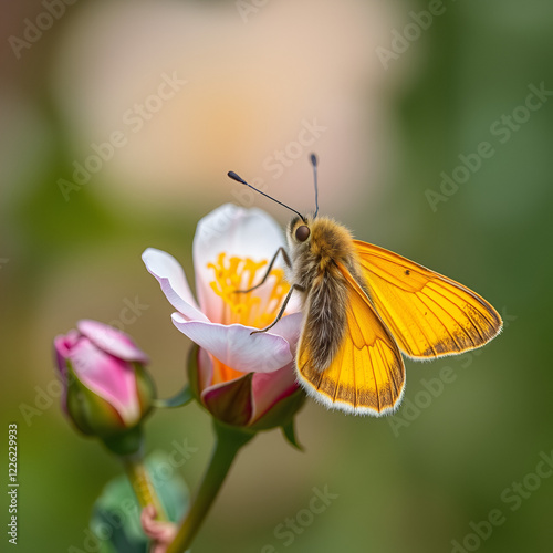 Polites vibex, whirlabout skipper. Side view of a male skipper on a roseling blossom. Blurred background. Vertical photo