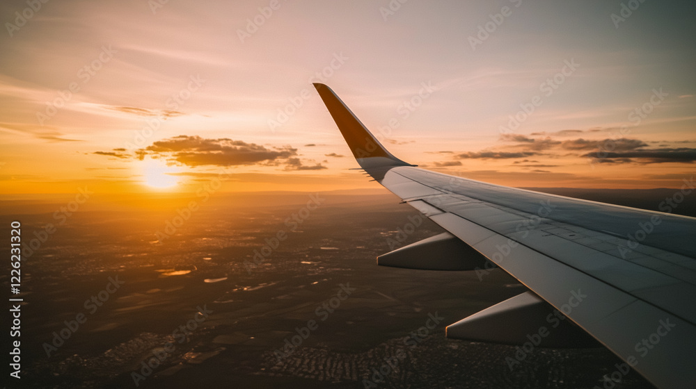 Fototapeta premium Minimalist airplane travel photography, plane wing against a glowing sunset