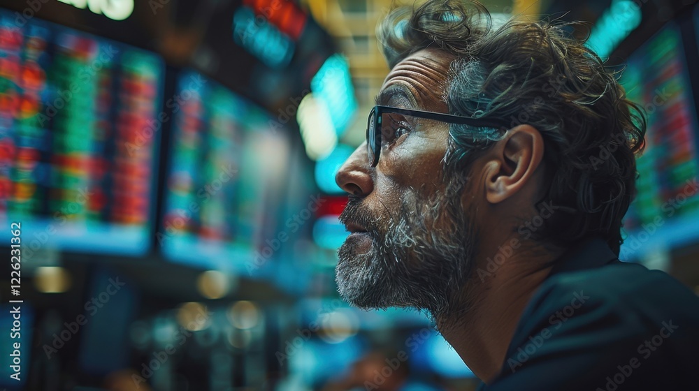 Man with glasses looking at a stock market Man with glasses looking at a stock market