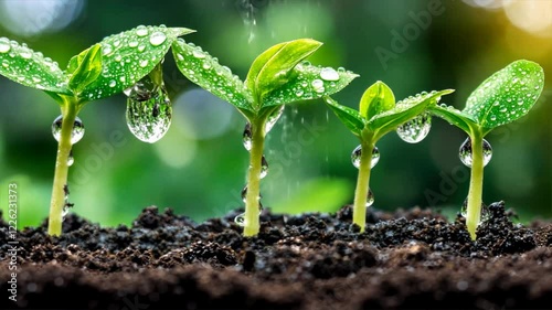 Fresh green seedlings sprout with water droplets in rich soil, symbolizing growth and beauty of nature in agriculture and gardening.