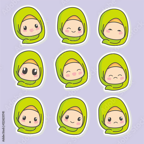 Vector sticker pack of Cute cartoon Moslem girl wearing green hijab with nine expresion