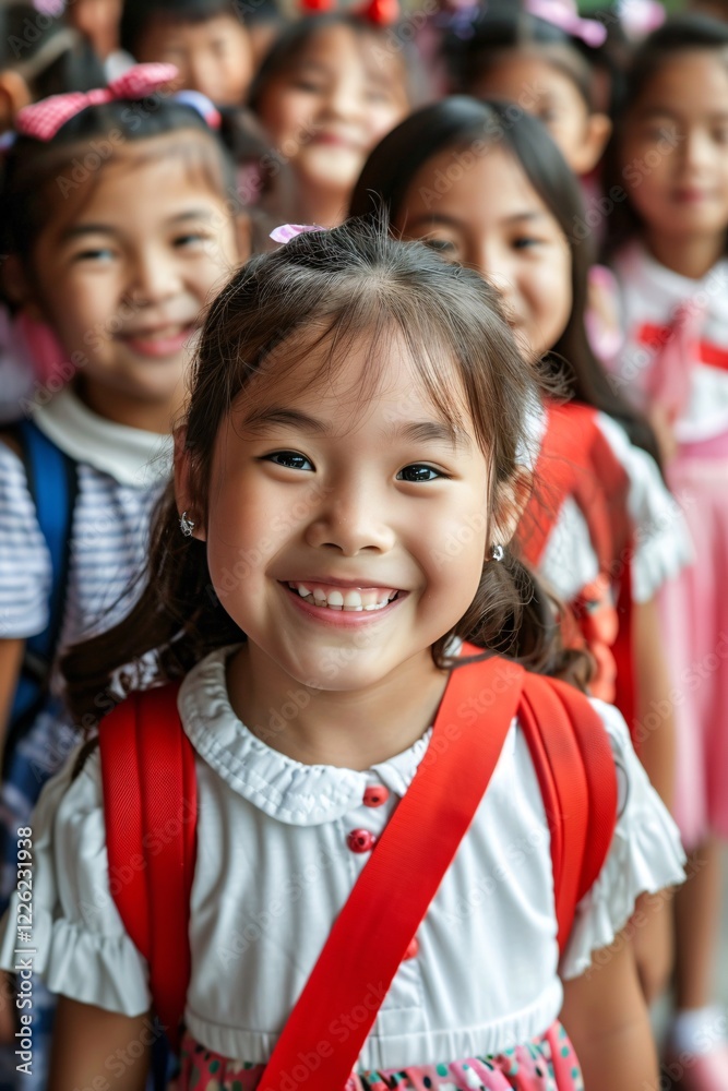 Asian schoolgirl is smiling with her classmates in the background Asian schoolgirl is smiling with her classmates in the background