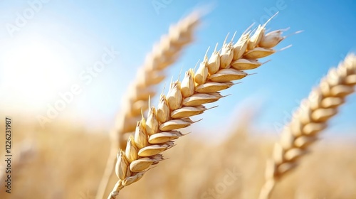 Golden wheat stalks in a sunny field, ripe for harvest, agricultural background, food production photo