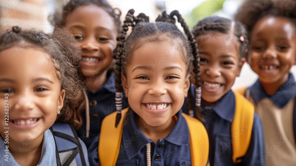 Smiling students in a group with their backpacks on Smiling students in a group with their backpacks on