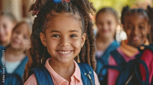 Photo of a happy schoolgirl with a backpack standing among her classmates in the background