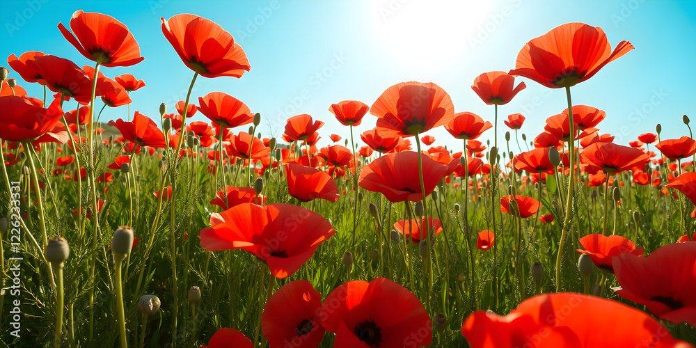 Obraz premium A field of red poppies glowing under bright sunlight, with a blue sky backdrop, ultra-HD