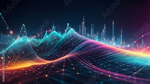 Abstract glowing network data visualization with colorful lines and points forming a dynamic wave-like landscape.