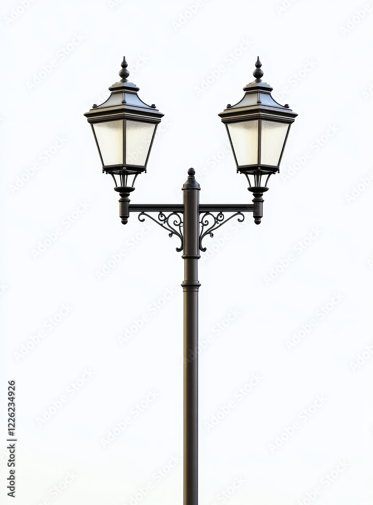 Double-headed black street lamp post isolated on white. Double-headed black street lamp post isolated on white.