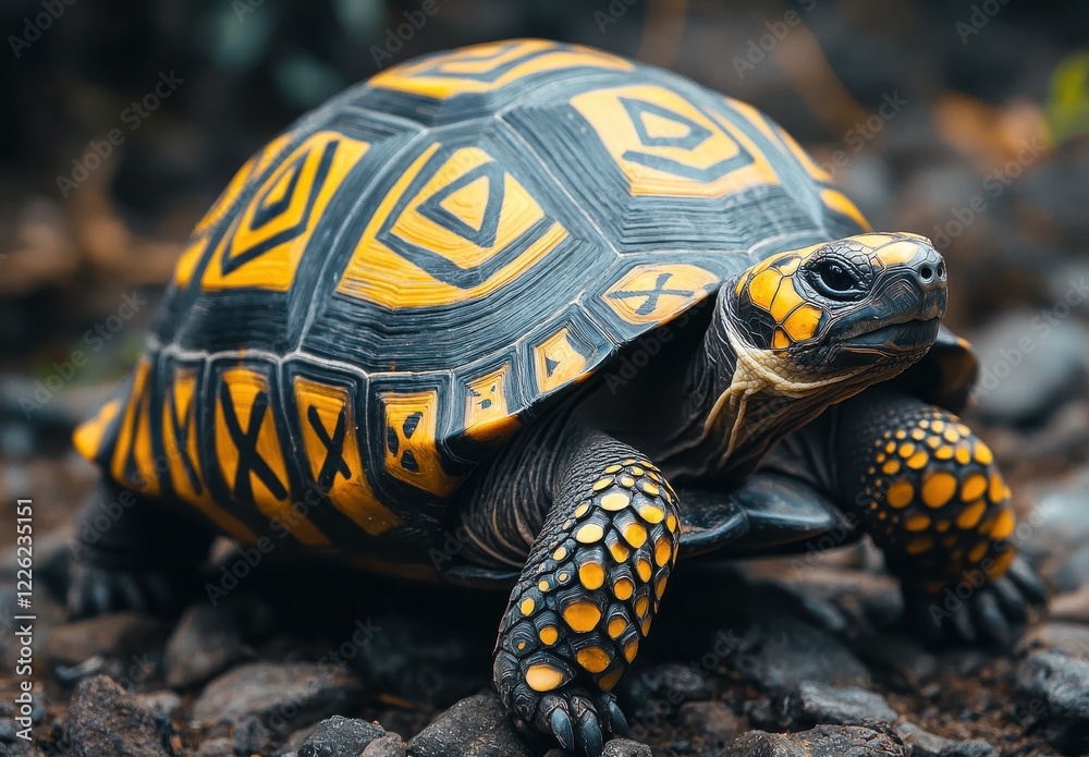 Stunning Close-Up of a Vibrant Yellow and Black Tortoise Crawling on Rocky Ground in Natural Habitat, Captured in Perfect Detail for Nature Lovers Stunning Close-Up of a Vibrant Yellow and Black Tortoise Crawling on Rocky Ground in Natural Habitat, Captured in Perfect Detail for Nature Lovers